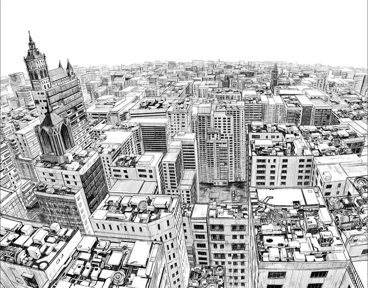 Panorama kota Behemdorg dari udara, digambar dengan arsiran manga